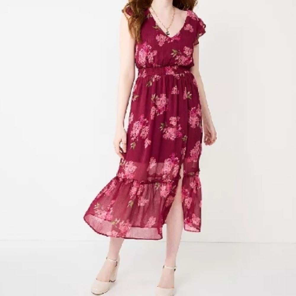 Rewind Magenta Floral Ruffled Midi DressโSize XXL